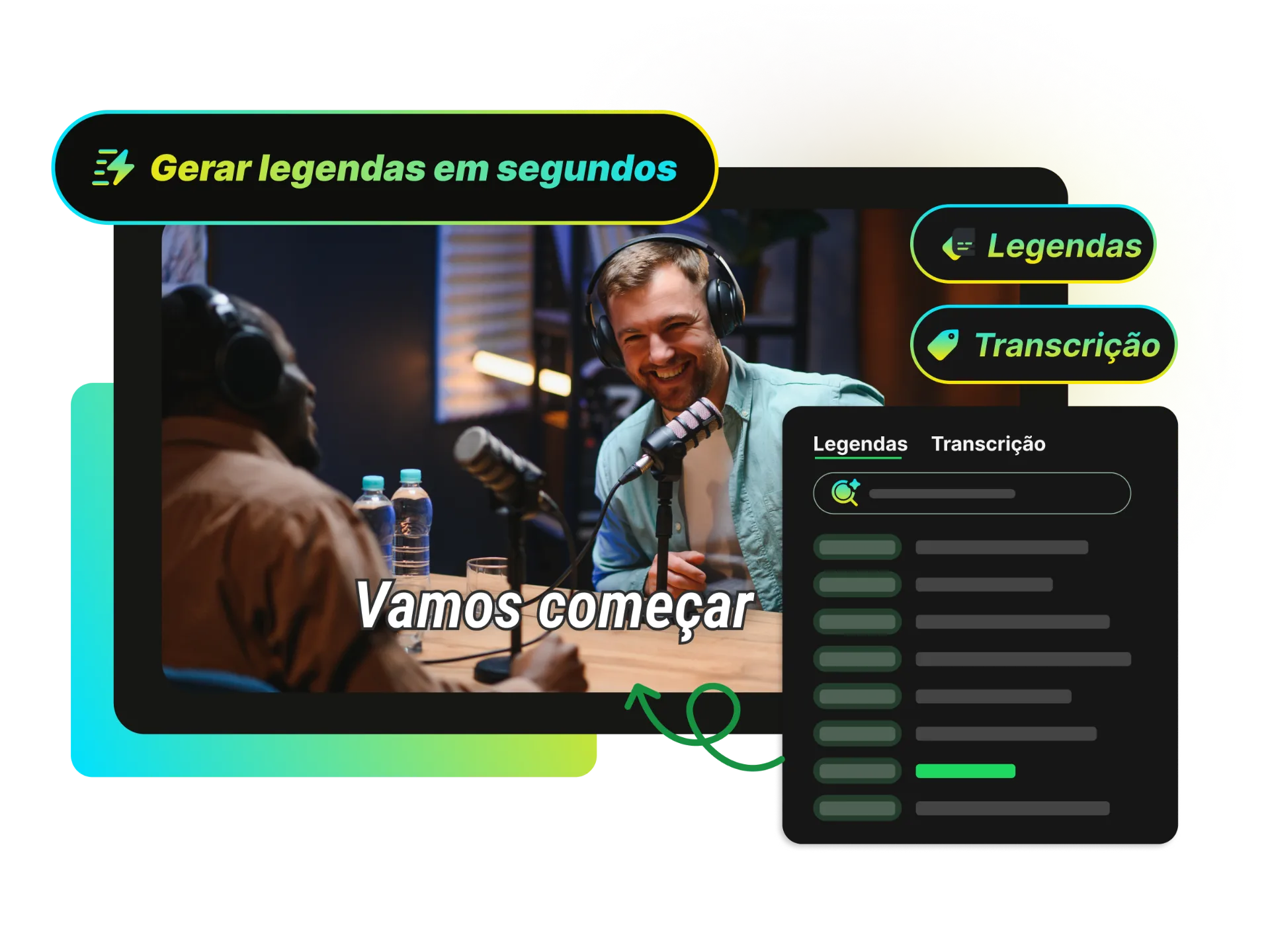 Um vídeo com legendas a ser gerado rapidamente mostrando precisão de transcrição em tempo real